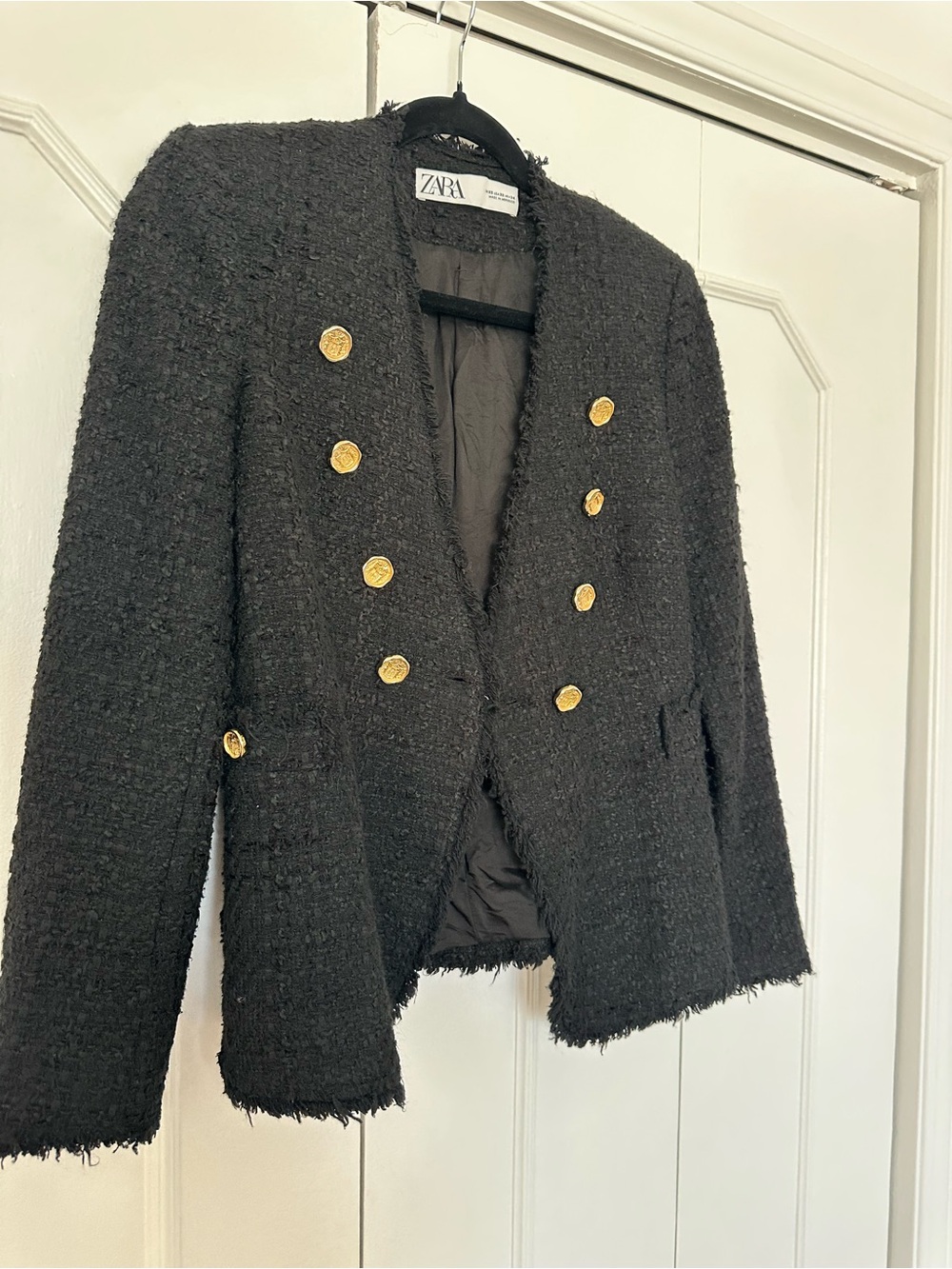 Zara Black Bouclé Blazer with Gold Buttons
